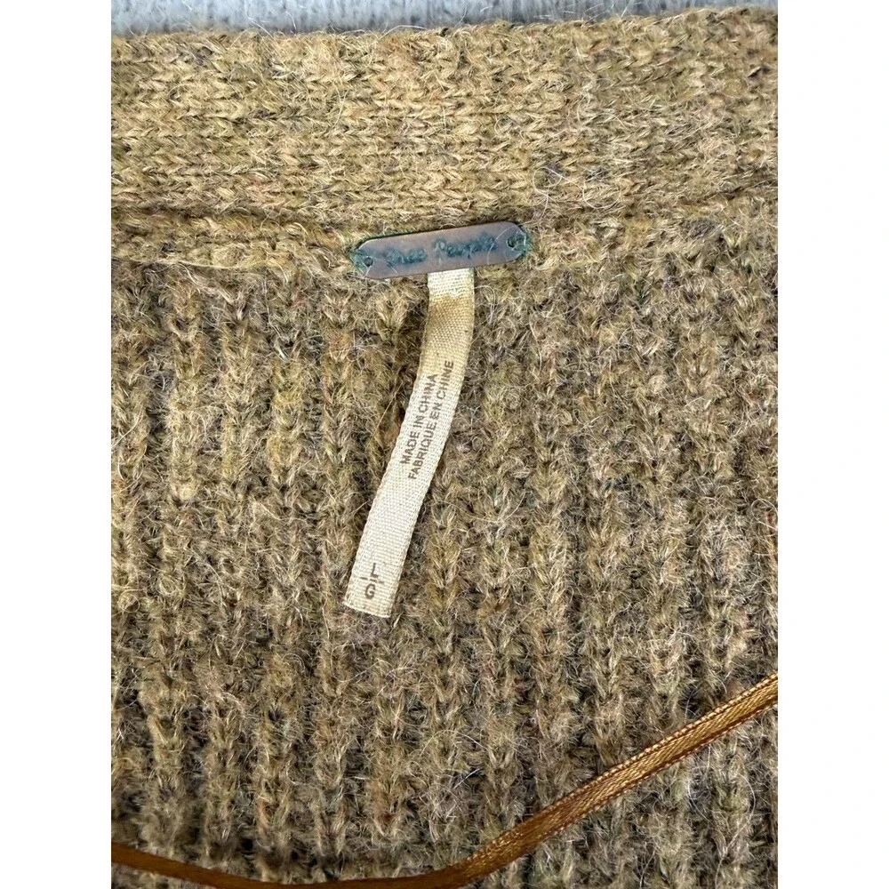 FREE PEOPLE Cardigan Womens L Brown Button Front Chunky Knit Wool Alpaca Blend