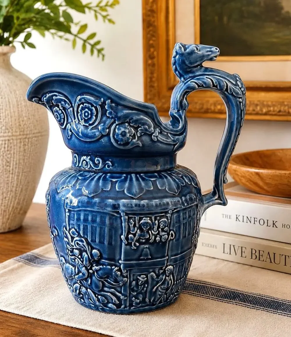 Arthur Wood England Vintage Blue Embossed Ceramic Pitcher Figural Handle 10