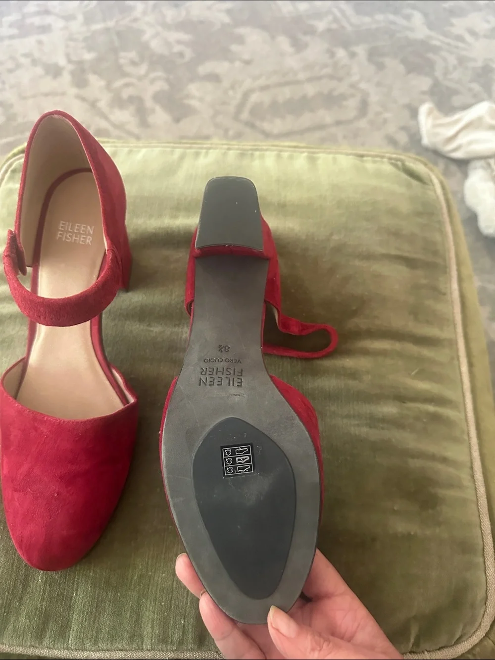 Eileen Fisher Red Suede Mary Jane Block Heels only worn once