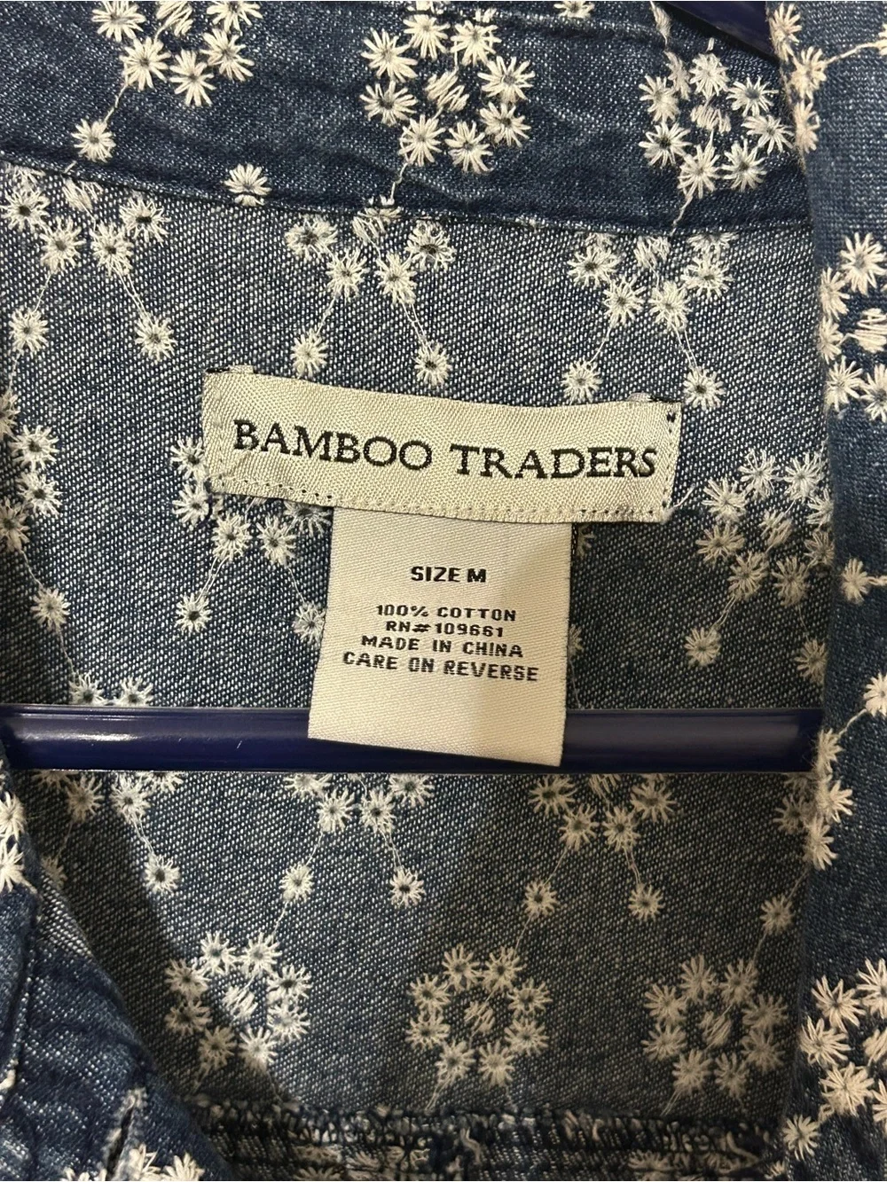 Bamboo Traders Navy Blue Floral Denim Jacket