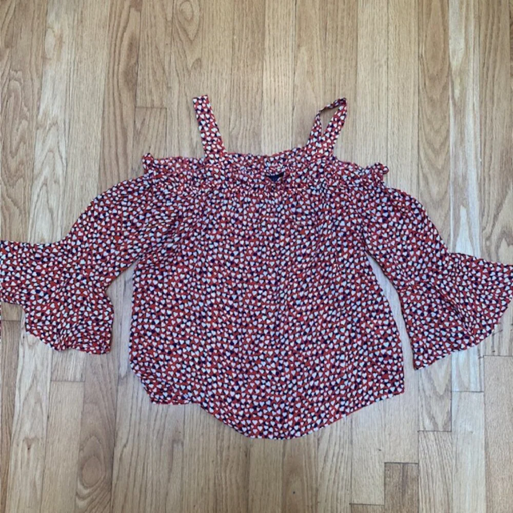 NWT J. Crew Orange, blue and white Silk off the shoulder blouse 2P