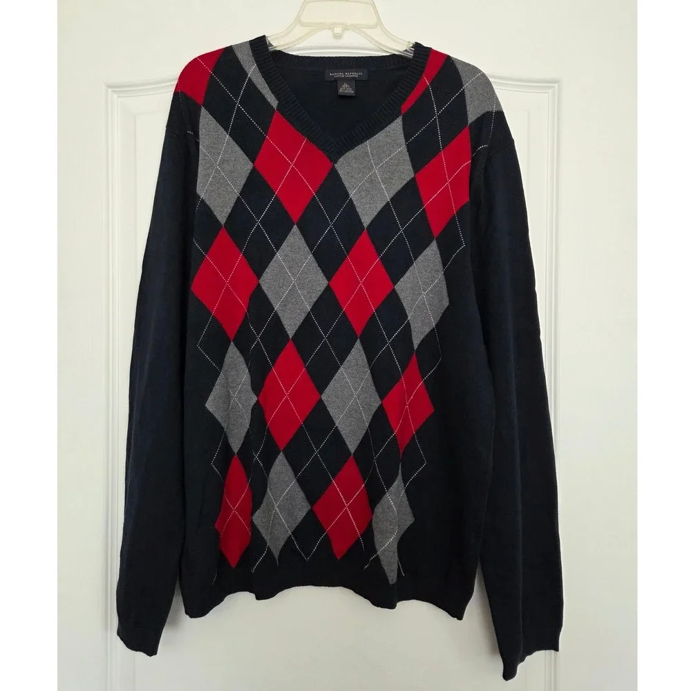Banana Republic Cashmere Blnd Argyle Sweater High V-Neck‎ Pullover Men Sz XL
