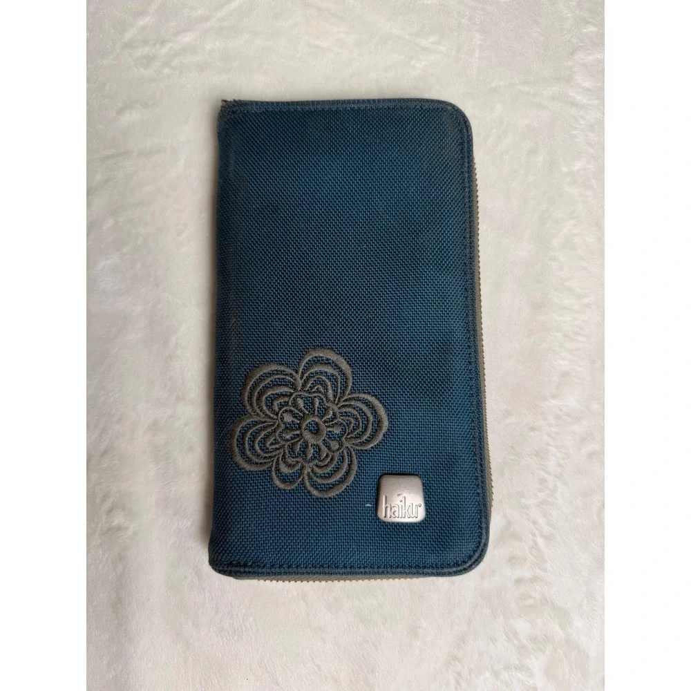 Haiku Zip Around Wallet Teal Blue Canvas Floral Embroidered Travel Organizer