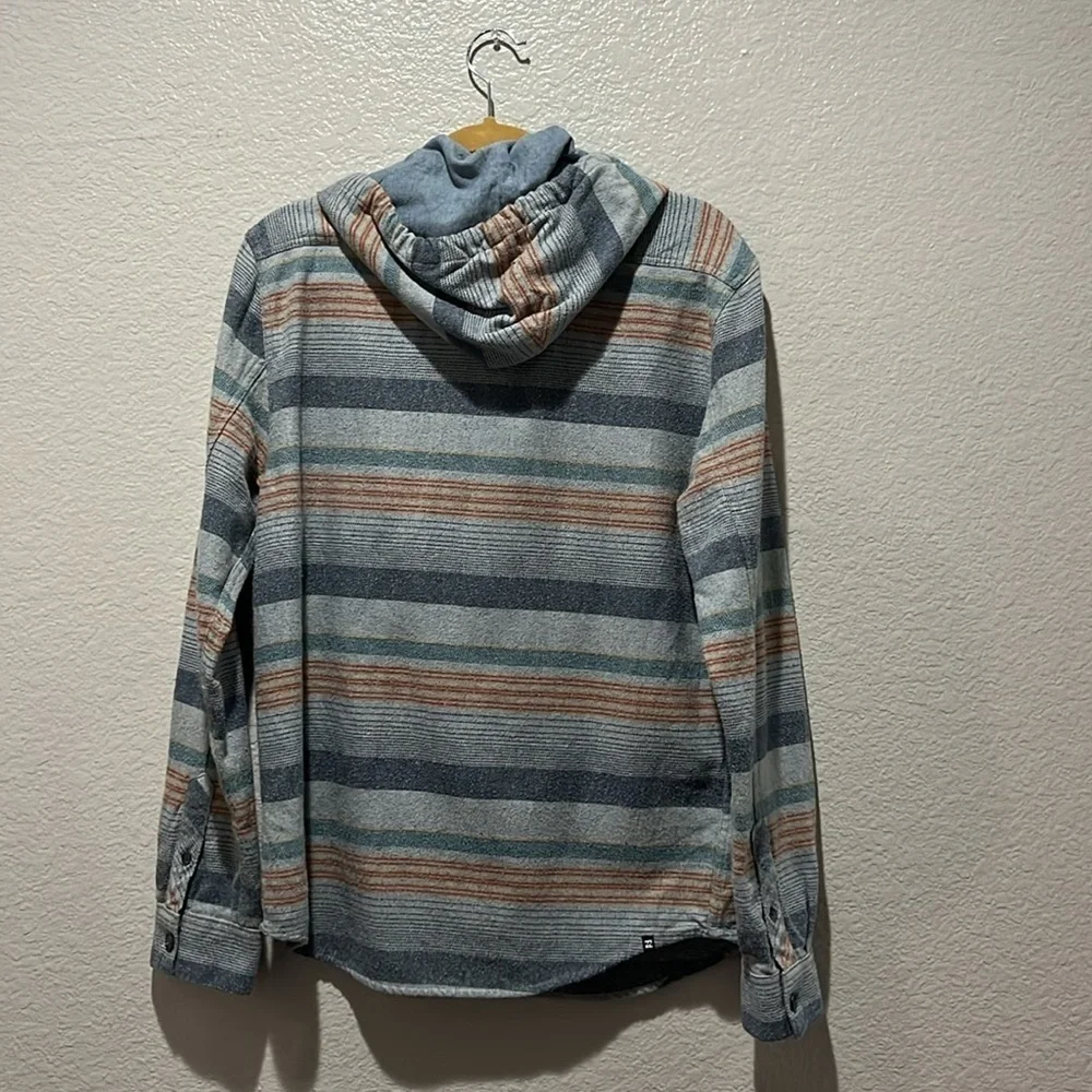 Men's Striped Hooded Jacket Button Down Gray‎ Blue Sz Small Casual