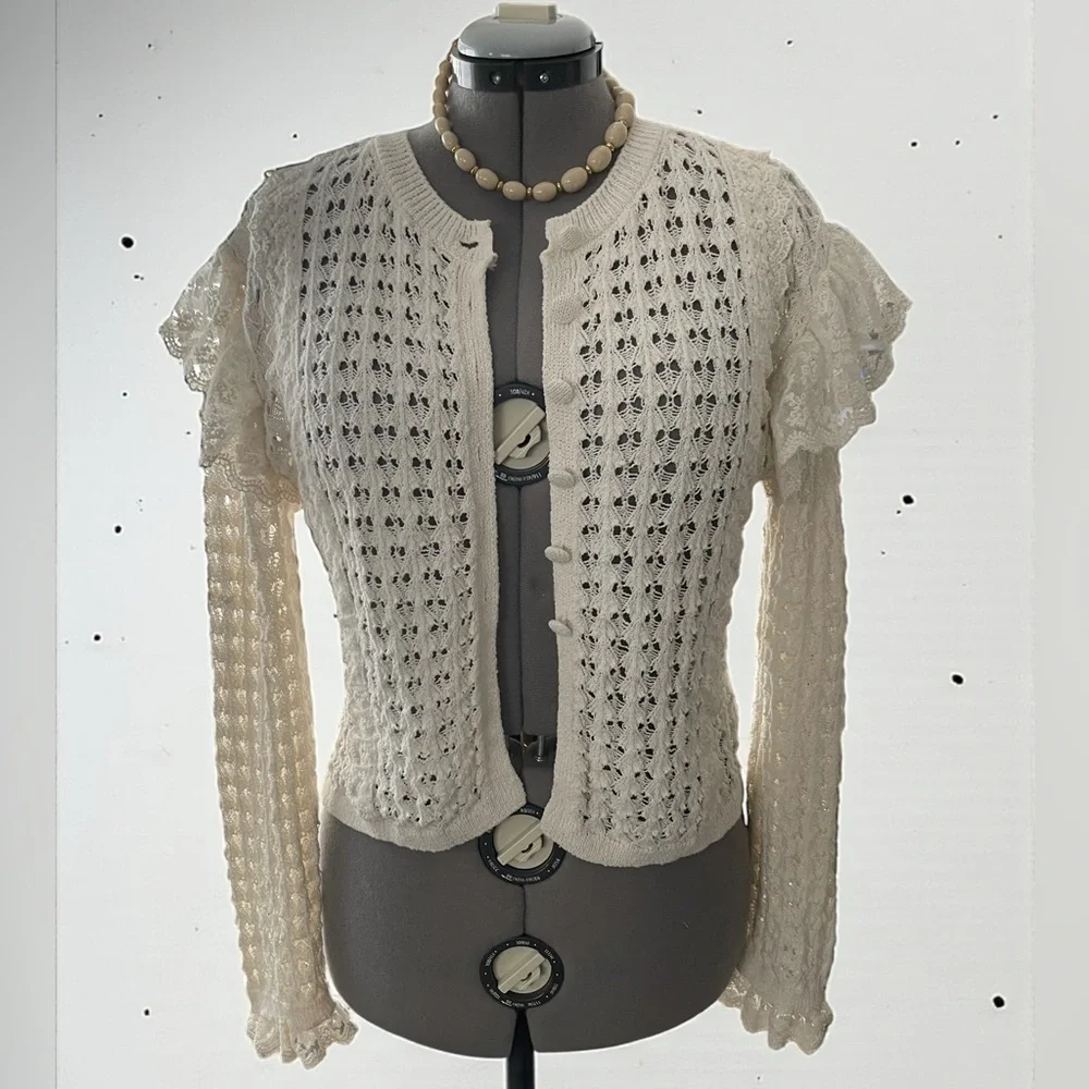 Zara Cream Ivory Lace Knit Cardigan Large Coquette Cottagecore Cropped Top
