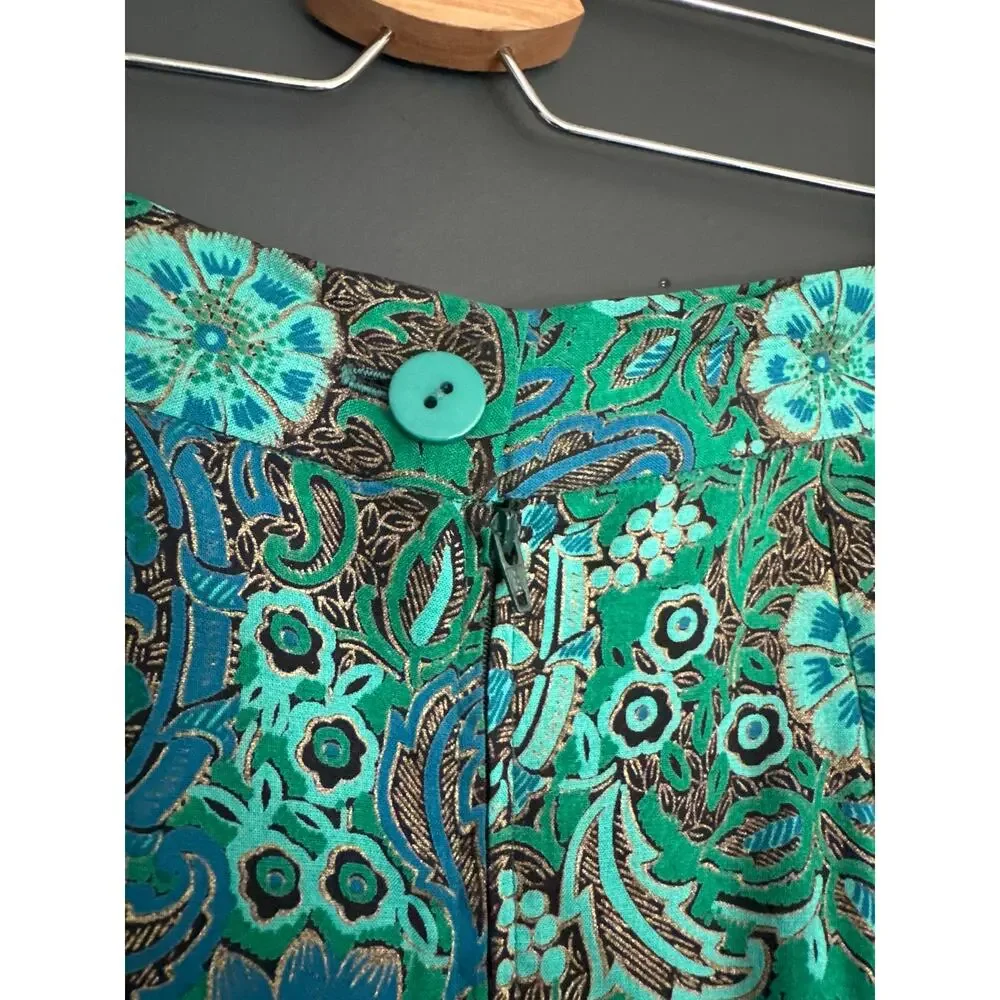 Vintage Kathryn Conover Union Made Green Paisley Straight Midi Skirt Size XXS