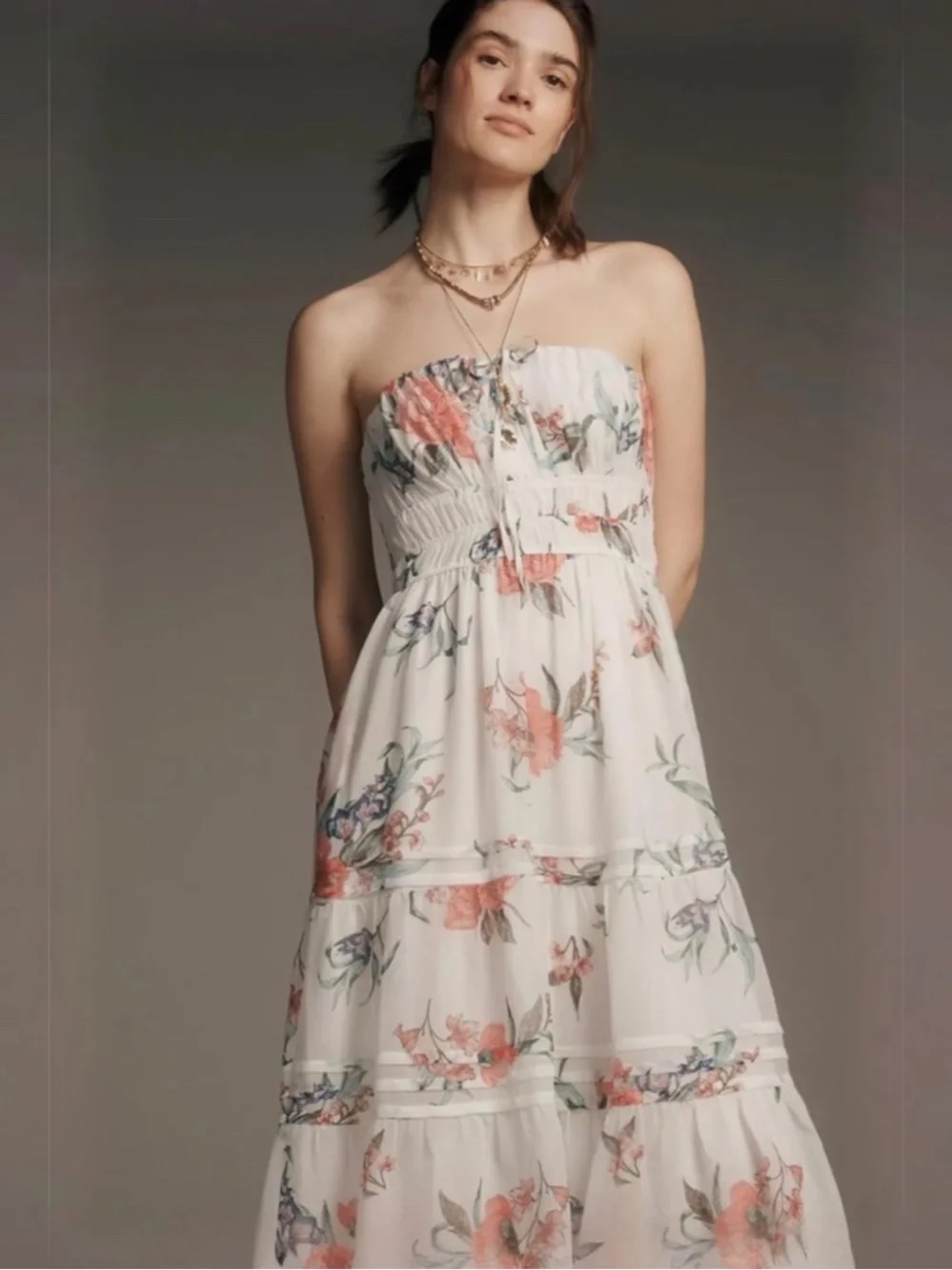 Anthropologies Somerset Strapless Smocked Floral Midi Dress Ivory Cottagecore M