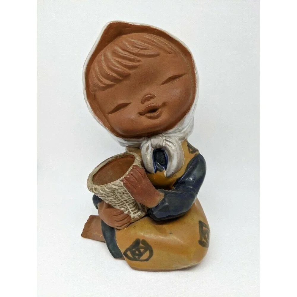 Vintage Japanese UCTCI Clay Pottery Girl Vase Figurine Redware Stoneware Art