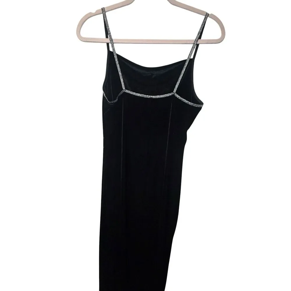 Y2K Pretty Girl Women’s XL Black Velvet Slip Dress Cowl Neck Long Rhinestone
