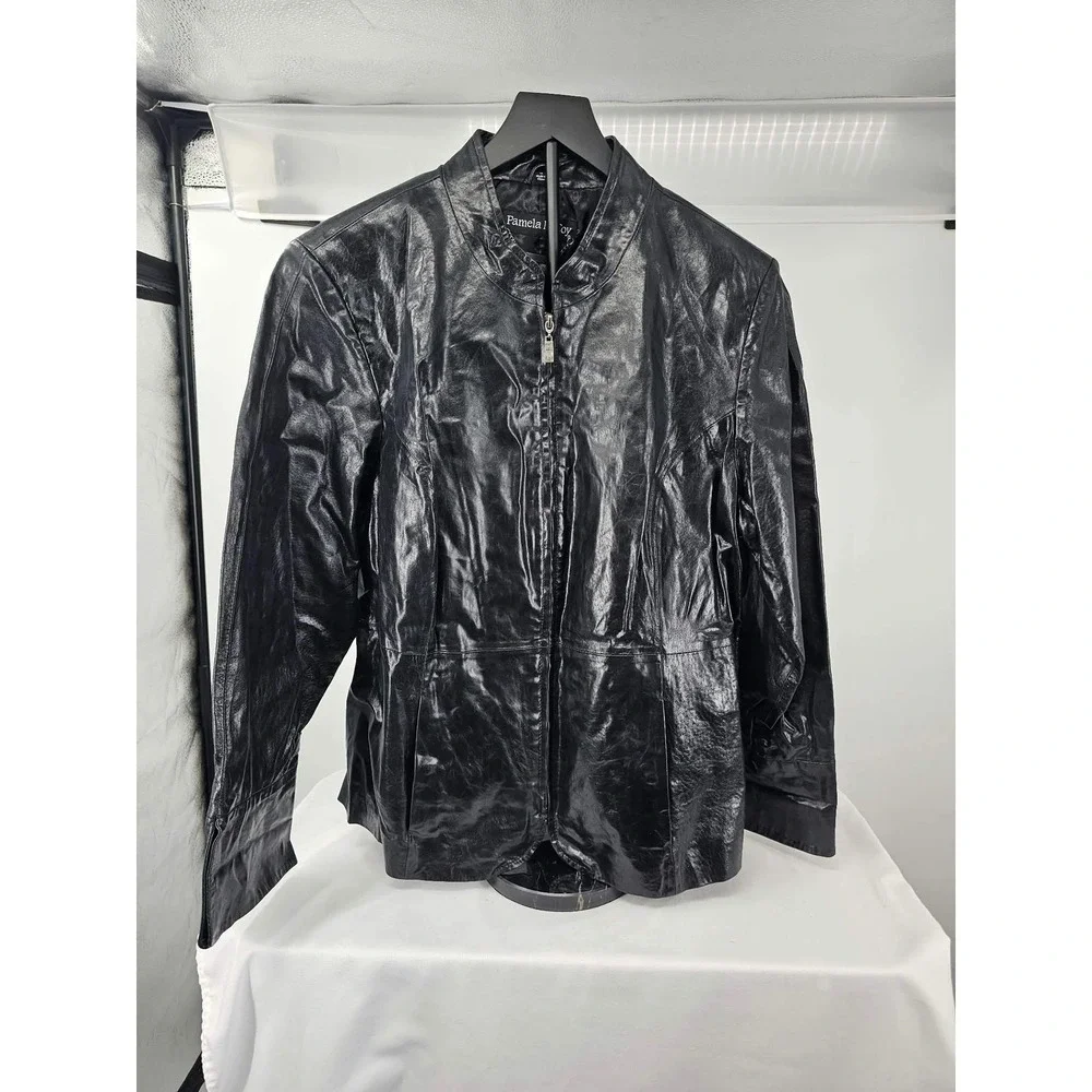 Pamela McCoy Womens Black Genuine Leather Full Zip Mandarin Collar Jacket 1X
