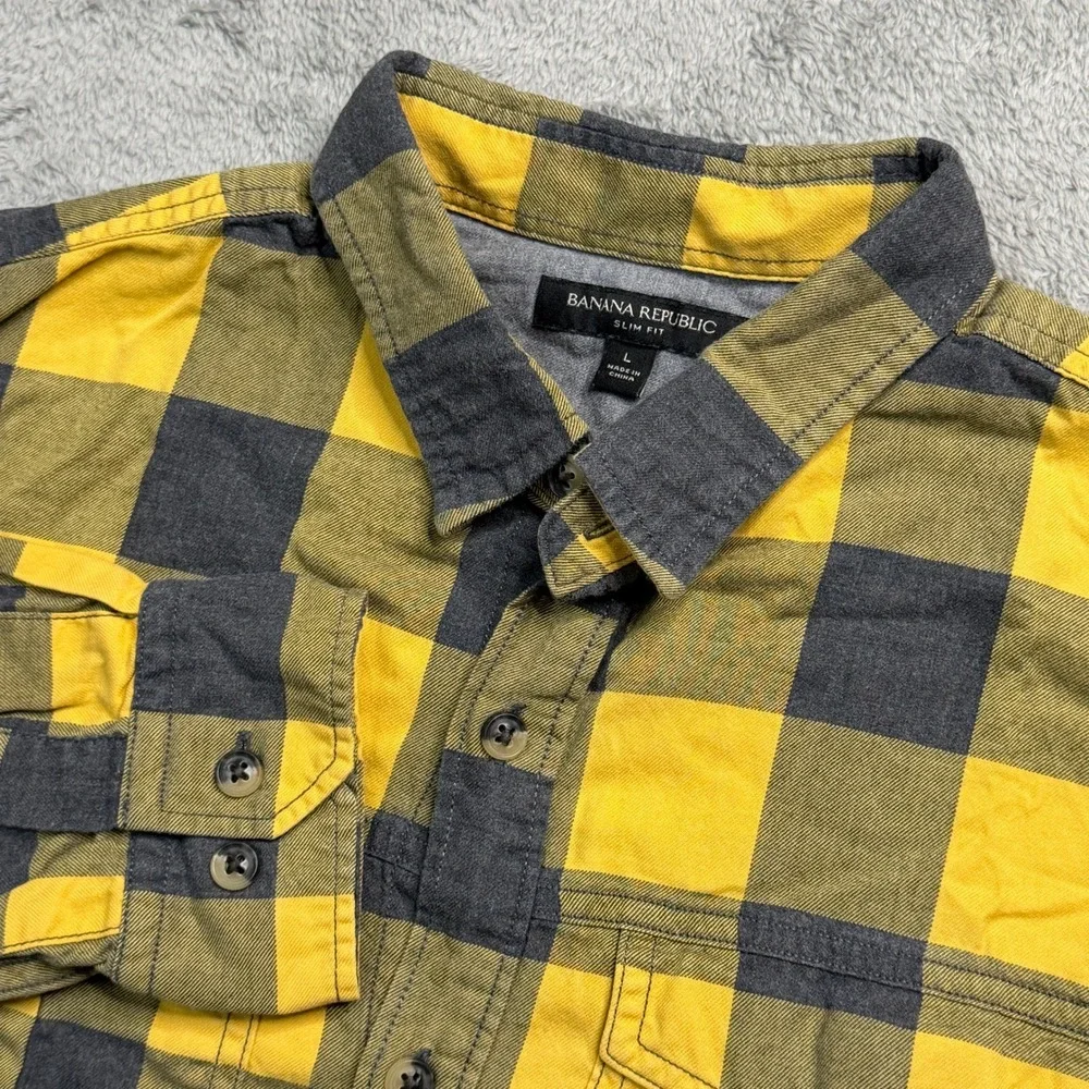 Banana Republic Mens Slim Fit Flannel Shirt Yellow Grey Buffalo Plaid Large EUC!