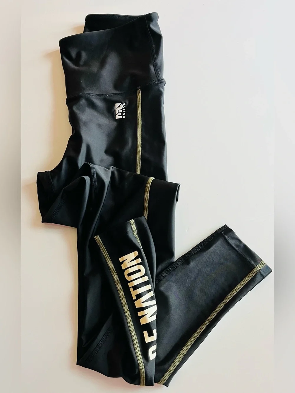 P.E Nation • Black Leggings with Olive Trim and White Logo
