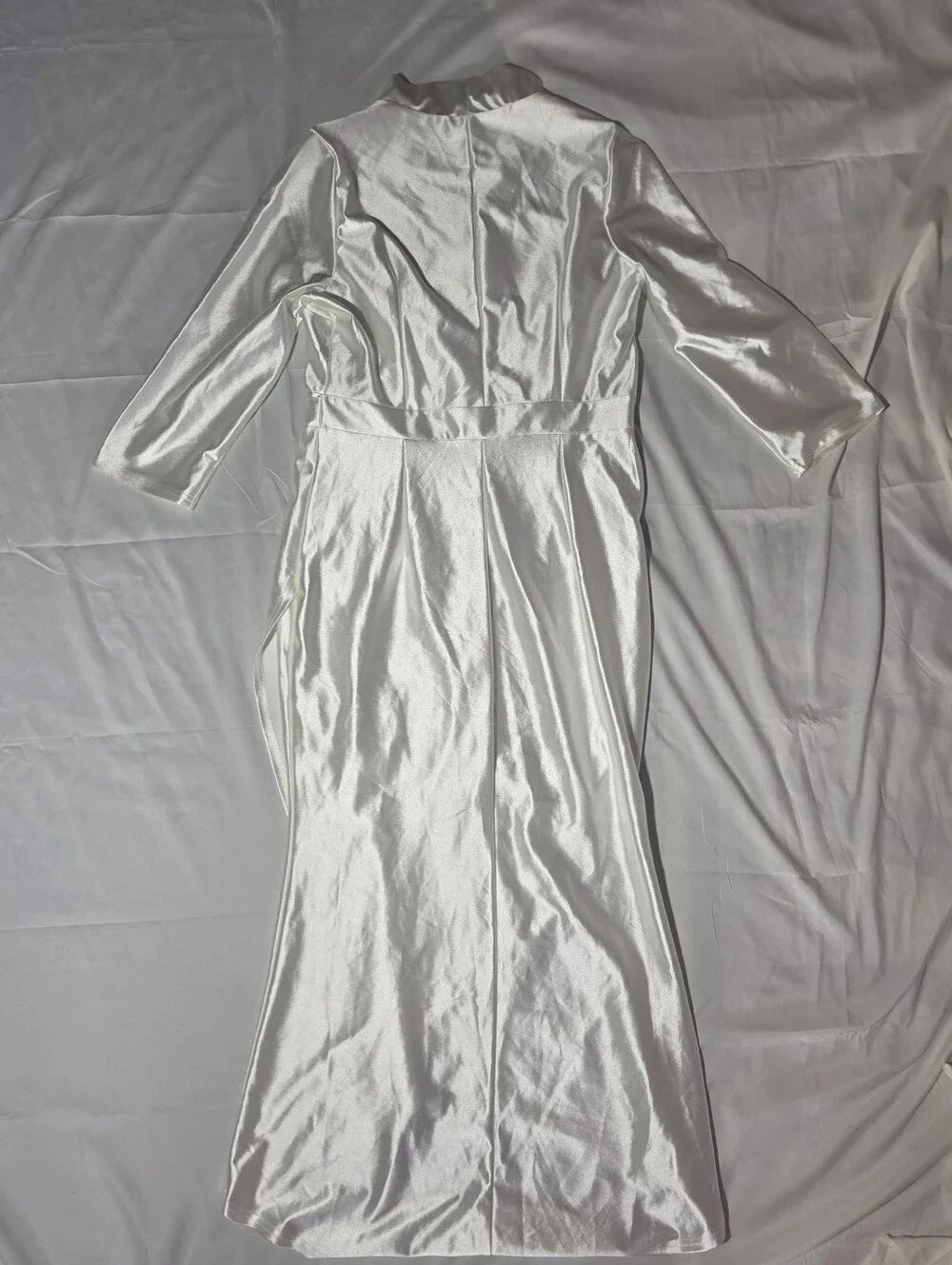 White Satin Long Sleeve V-Neck Wrap Midi Dress with High Low Hem
