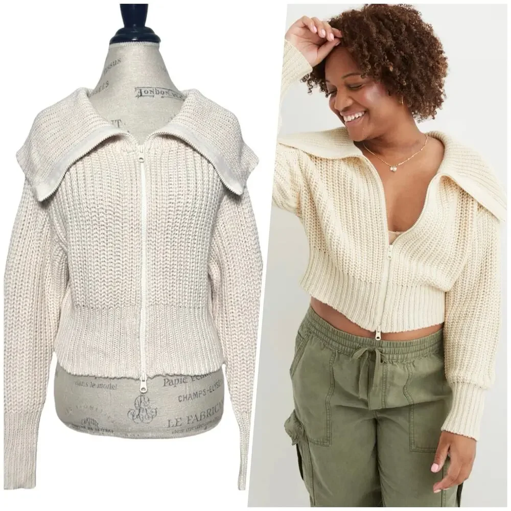 Aerie | Women | Double Zip Cream Ribbed Cotton Yarn Cropped Cardigan | Small