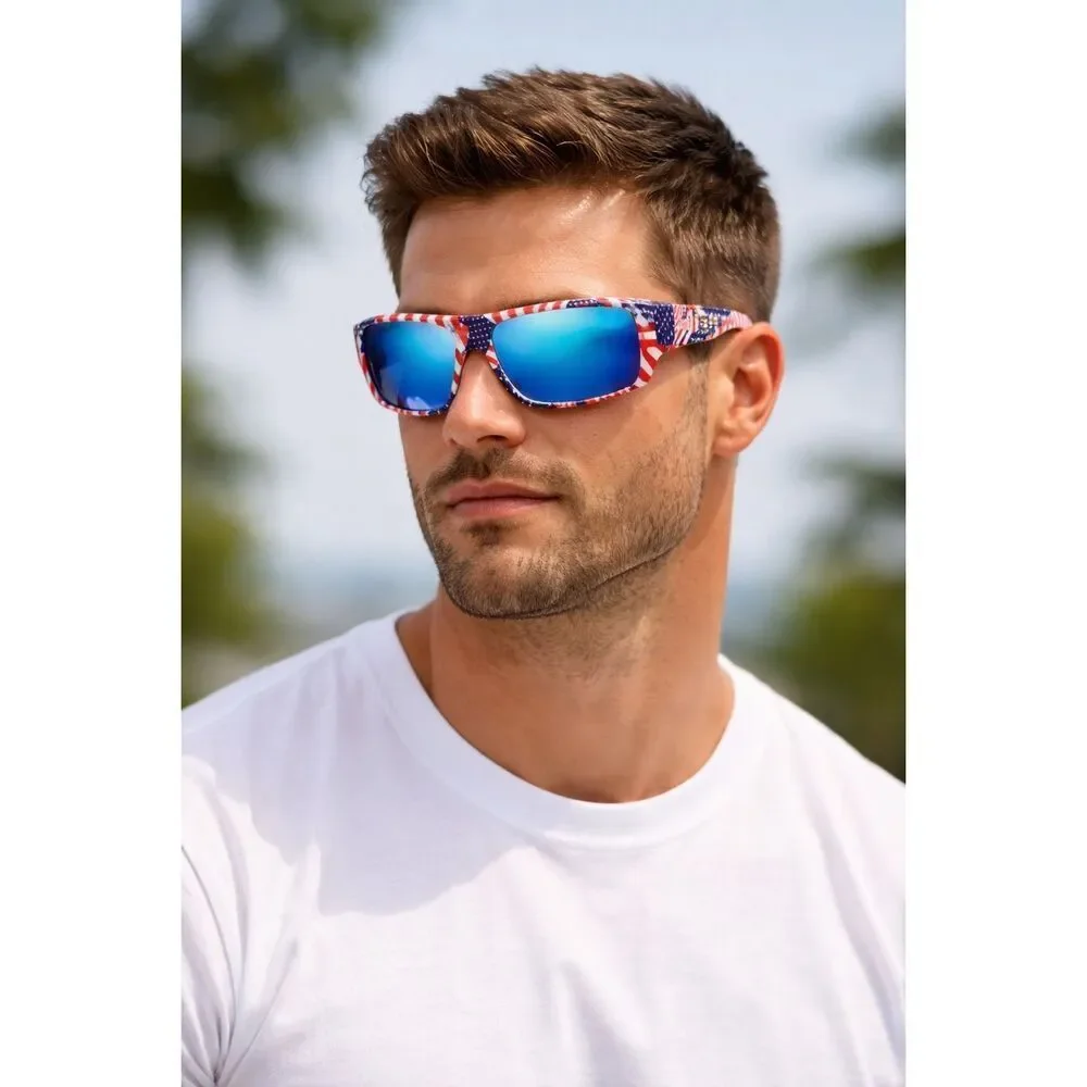 Men’s Patriotic American Flag Sunglasses Blue Mirrored Lens UV Protection