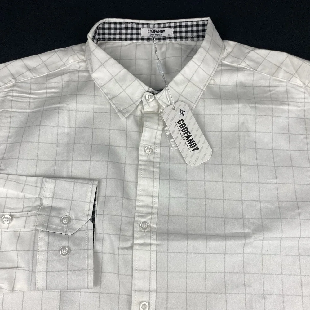 COOFANDY Shirt Mens XXL White w/Gray Checks Buffalo Check Flip Cuffs NWT!
