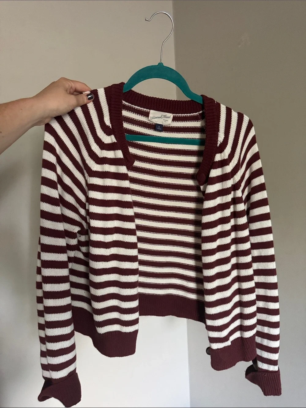Striped Maroon & White Knit Cardigan Sweater