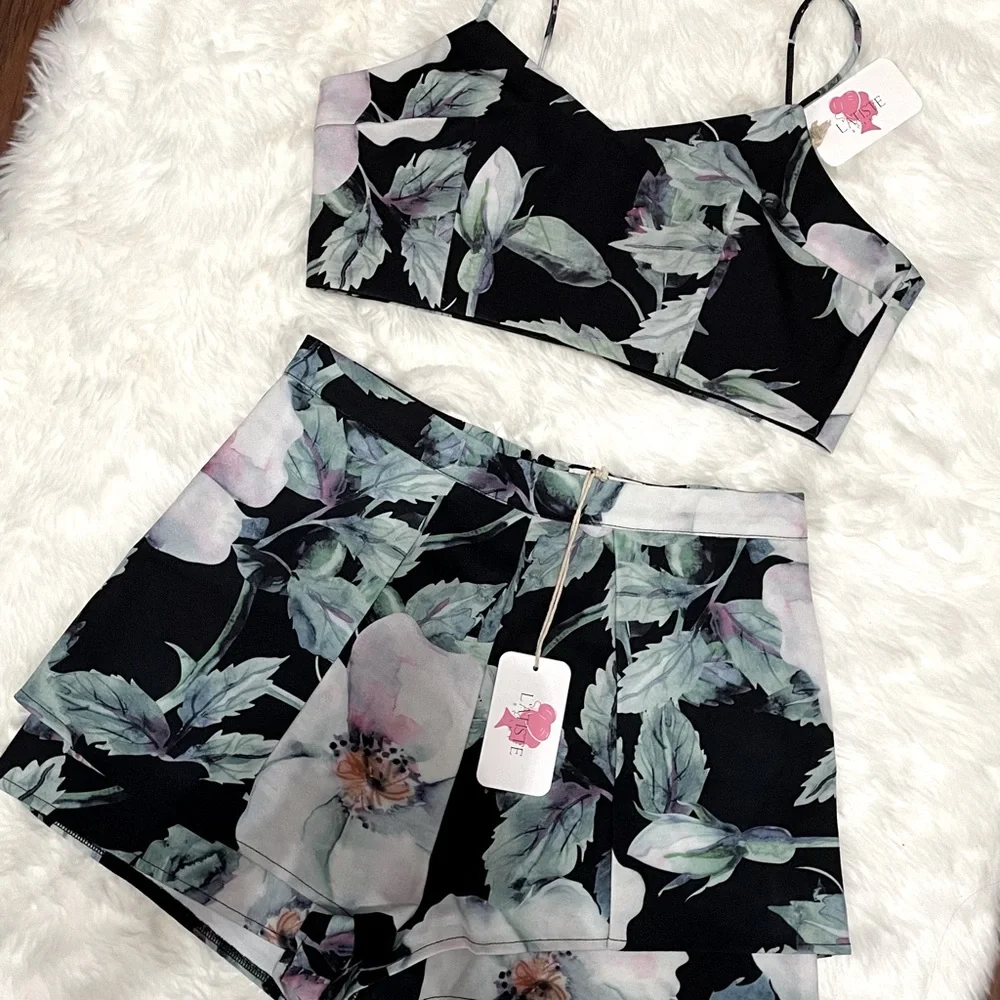 NWT Latiste Black Floral Shorts Crop Top Matching Set Coord Coquette Y2K Summer