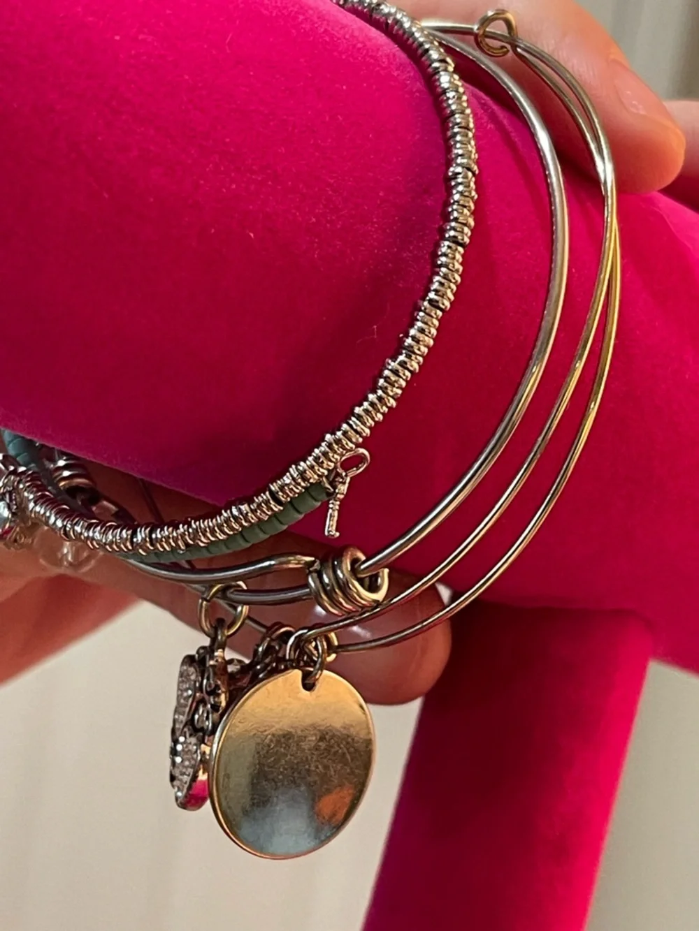 Turquoise Beaded Silver-Tone Charm Bangle Set - Daughter/Friendship