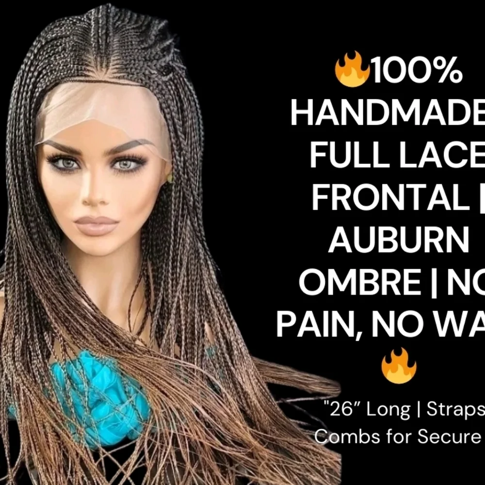 🔥100% Handmade Braided Wig  26” Auburn Ombre, Full Frontal 13x6, Straps & Combs