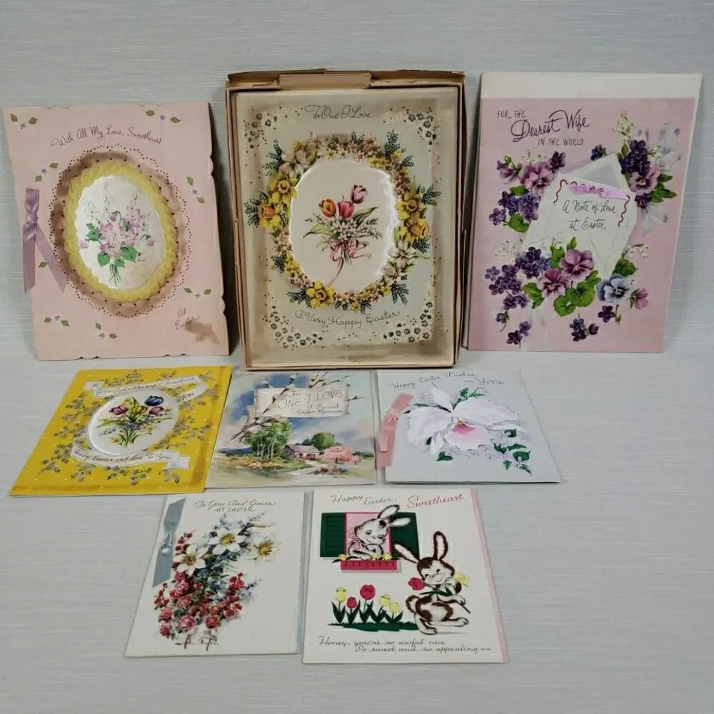 VTG Happy Easter Greeting Cards 8 Used Stanley Gibson Volland Flowers Bunny 3D