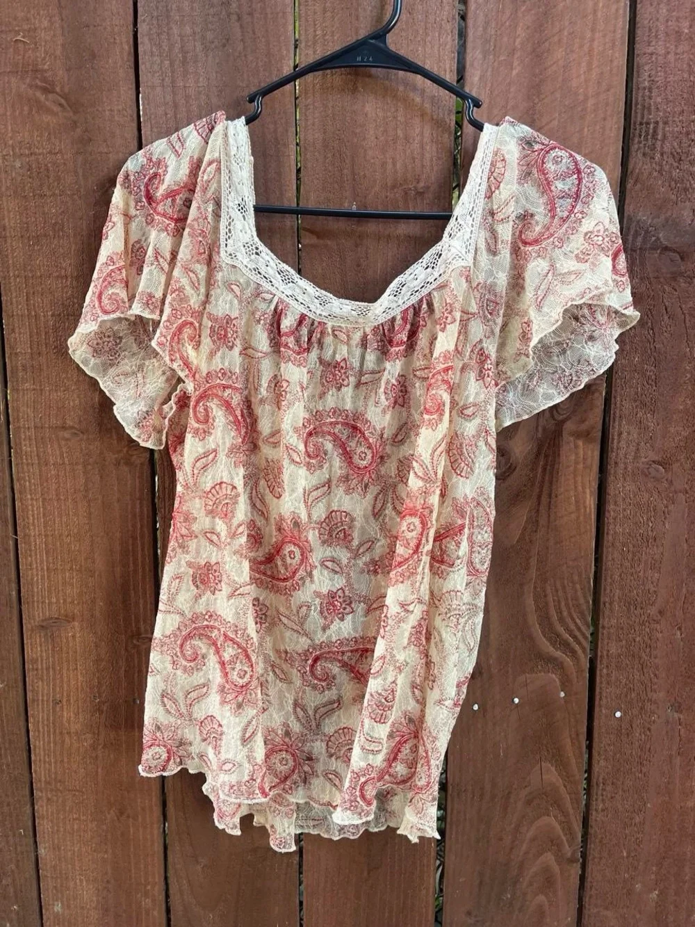 Denim & Supply Ralph Lauren Cream Sheer Lace Floral Boho Cottage Blouse Sz Lg