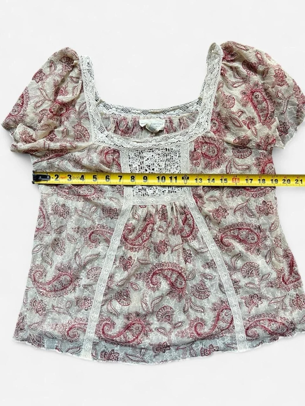 Denim & Supply Ralph Lauren Cream Sheer Lace Floral Boho Cottage Blouse Sz Lg