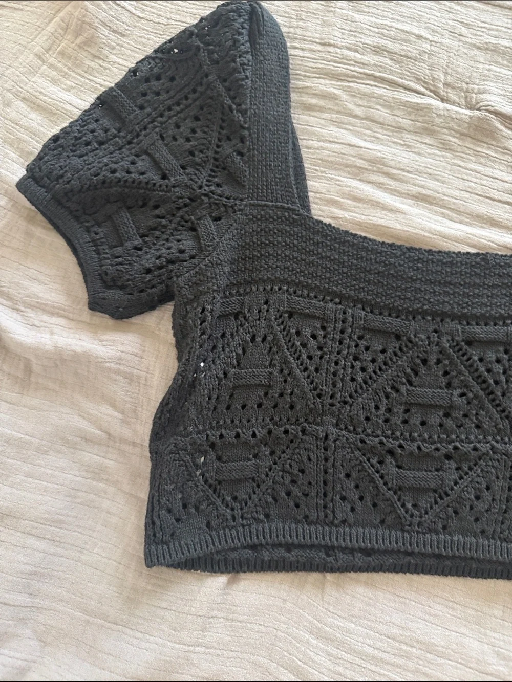 ZARA Black Crochet Square-Neck Crop Top with Puff Sleeves