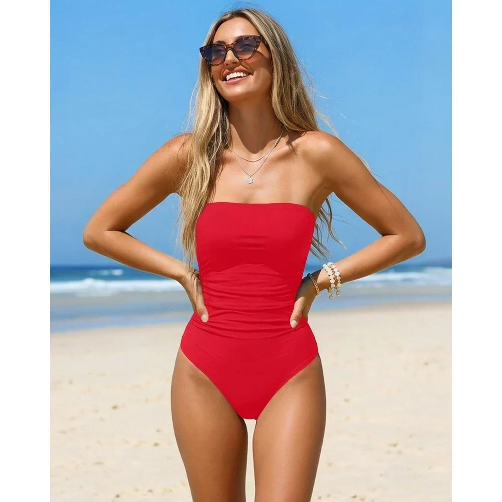 Holipick Women's One Piece Swimsuits X-LARGE Red Strapless Bathing Suit Swimwear