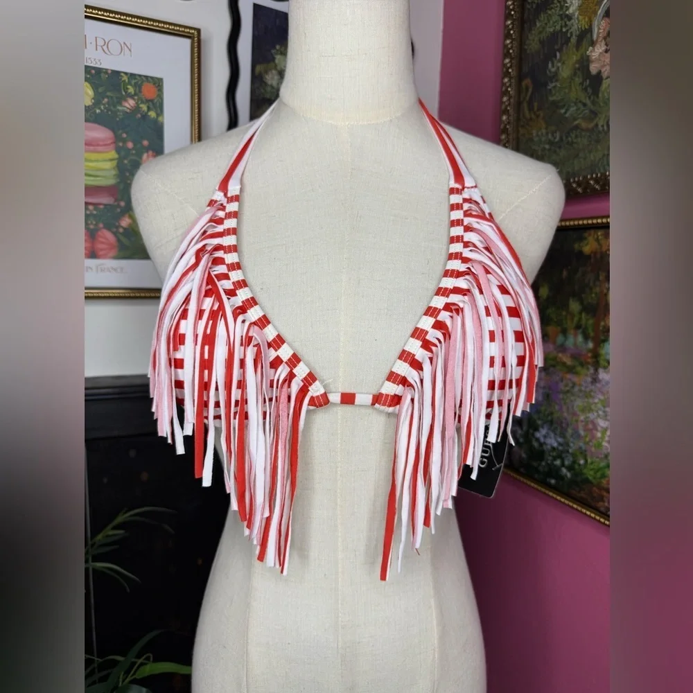 NWT Guess String Striped Print Bikini Set with Fringe Detailing Red & White XS