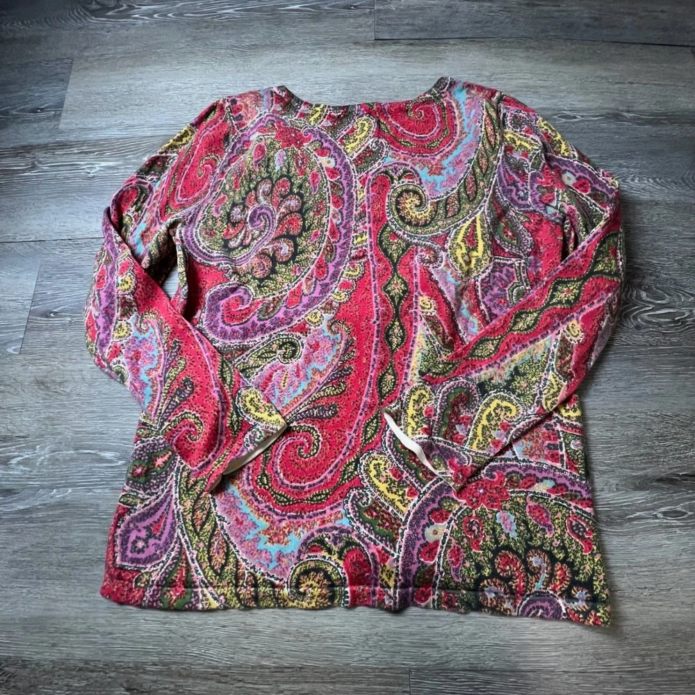 Talbots Paisley Knit Top Womens Medium Pink Multi Long Sleeve Cotton Pullover
