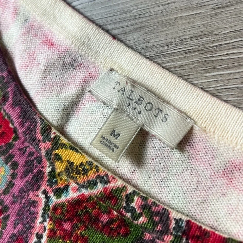 Talbots Paisley Knit Top Womens Medium Pink Multi Long Sleeve Cotton Pullover