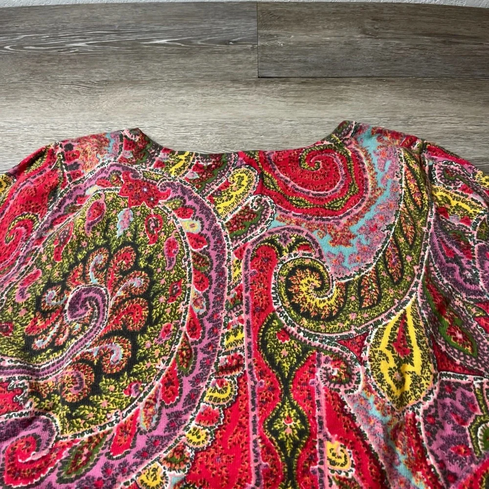Talbots Paisley Knit Top Womens Medium Pink Multi Long Sleeve Cotton Pullover