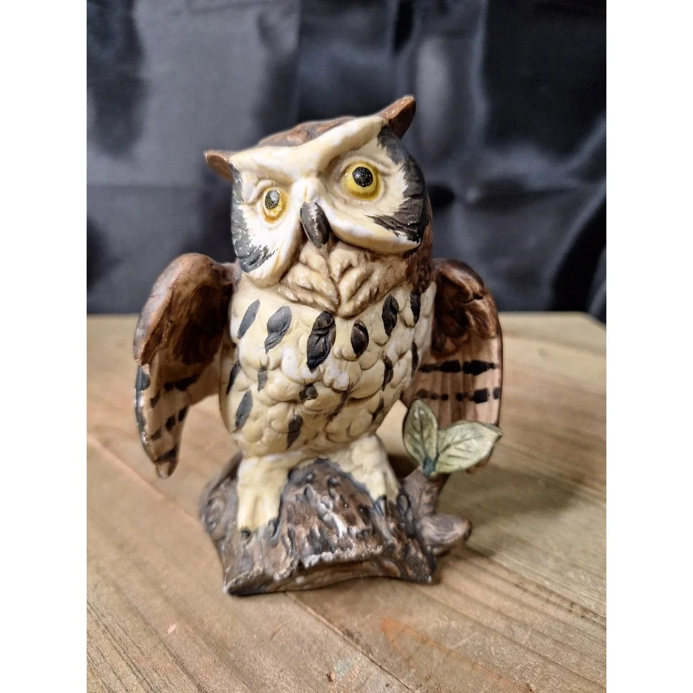 Vintage Ceramic Owl Figurine Hand Painted Great Horned Owl Bird Decor 4.5 Inch
