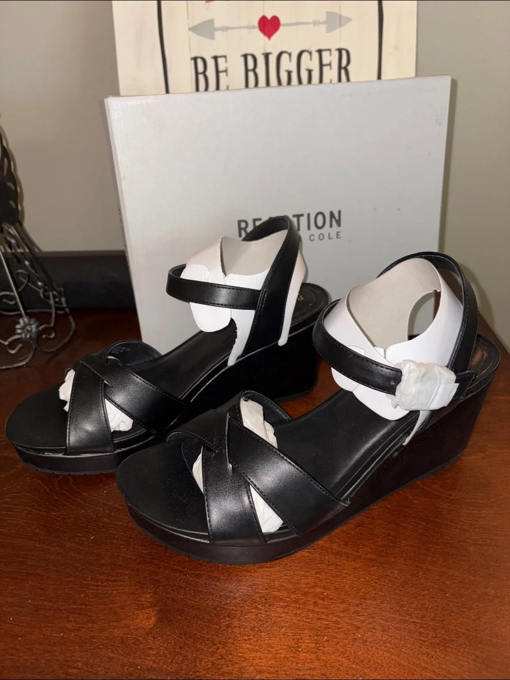 NIB Kenneth Cole Reaction Clarissa Black Platform Wedge Sandals sz 11 NWT
