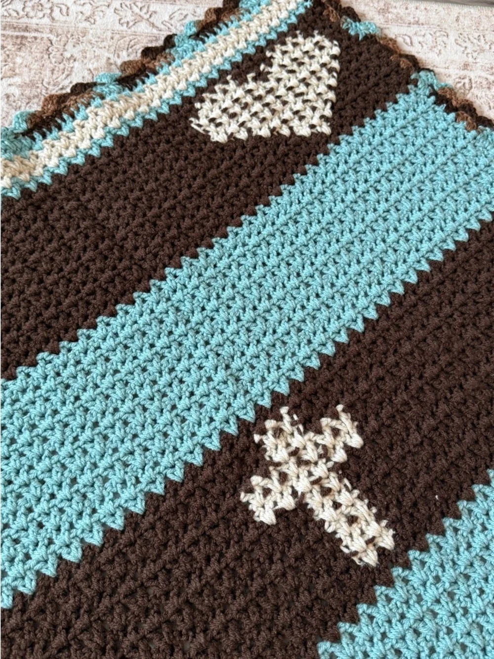 Handmade Crochet Blanket Cross Design Brown Blue Cream Throw 34x38 Faith Decor
