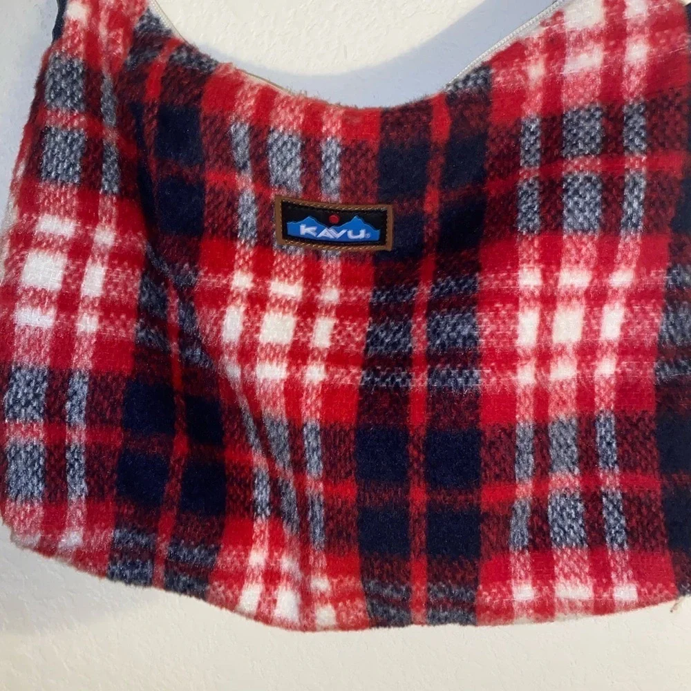 Kavu Fairview Plaid Rope Plush Shoulder Travel Bag Red and Blue Preppy Academia