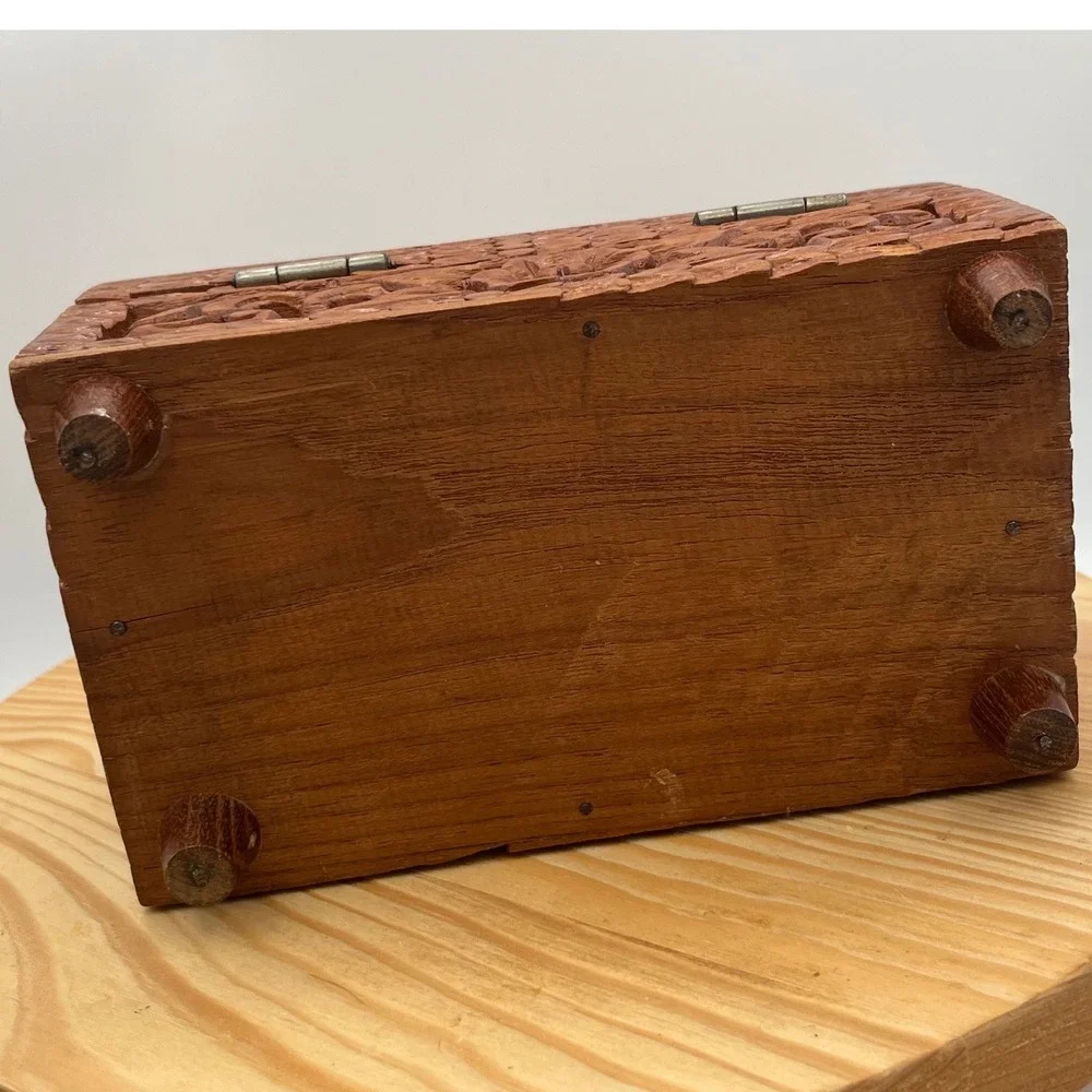 Vintage Hand Carved Floral Wood Jewelry Trinket Box Red Felt Lined Footed 6.5