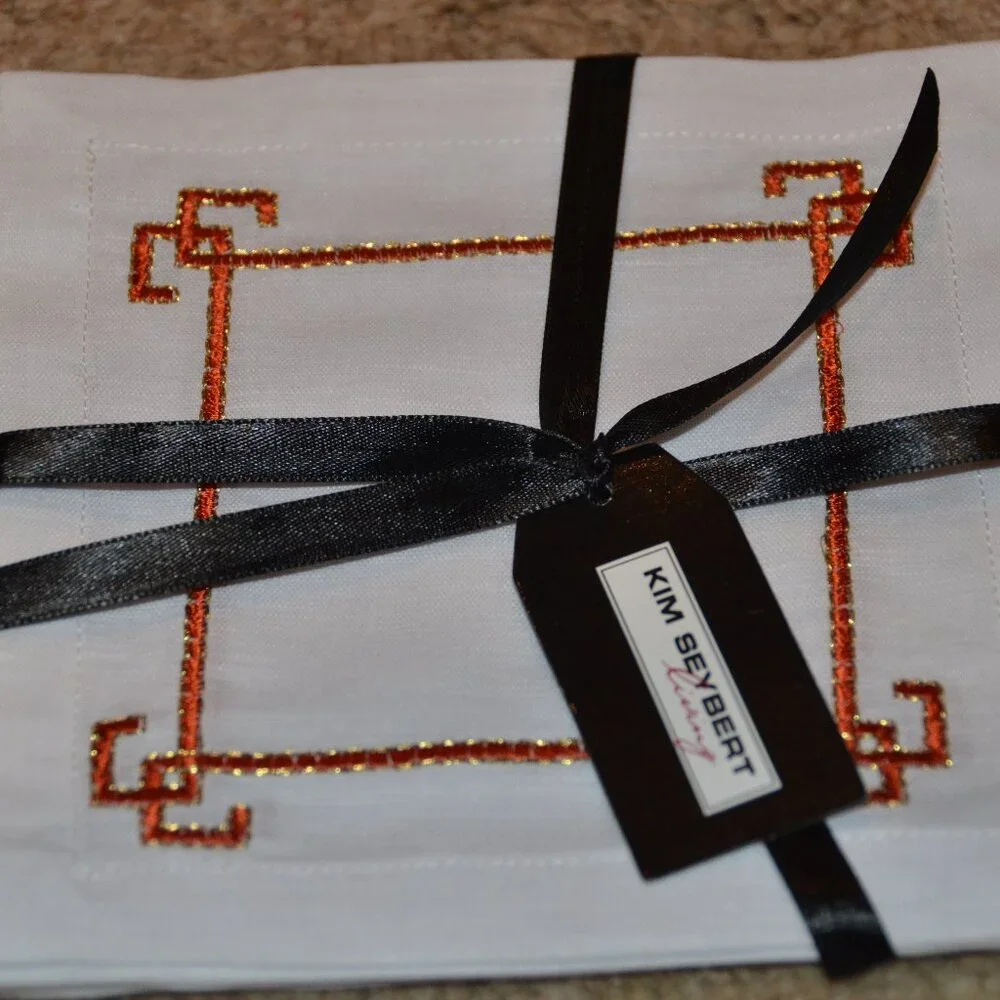 RARE KIM SEYBERT LIVING 4 ORANGE EMBROIDERED GREEK KEY COCKTAIL BAR NAPKIN