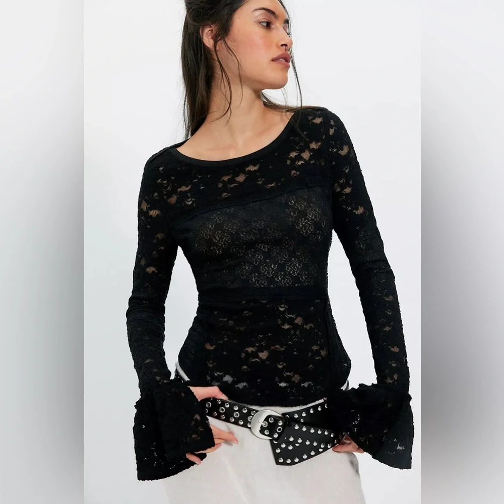 Free People Sheer Lace Flared Long Sleeve Top Black Boho Romantic Mesh Sz Small