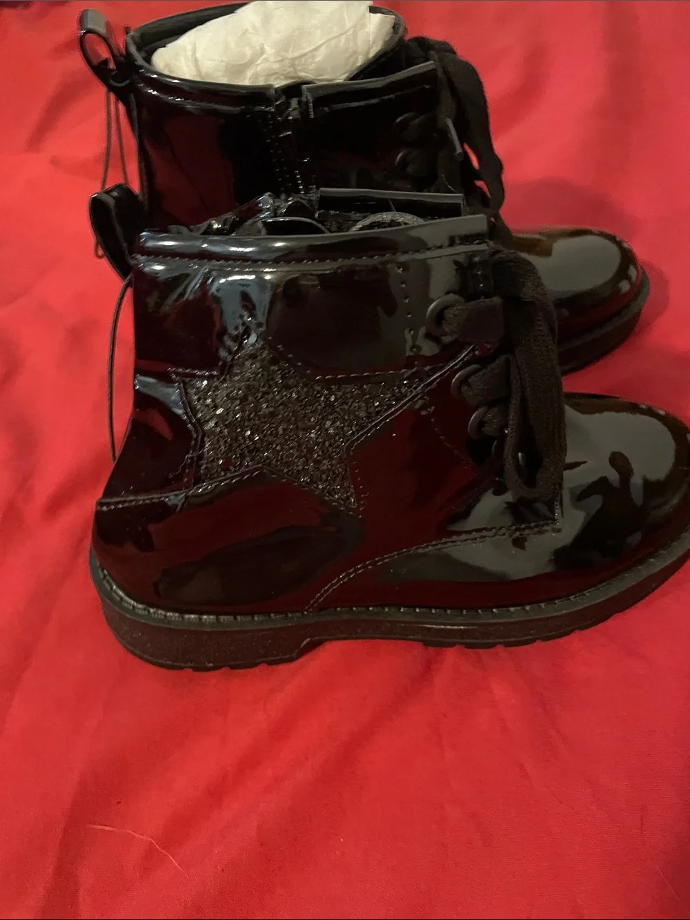 MIA Kids Black Patent Lace-Up Ankle Boots with Side Zip