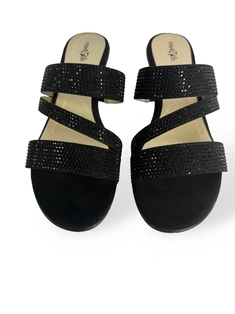 East 5th Black Rhinestone Triple-Strap Slide Sandals