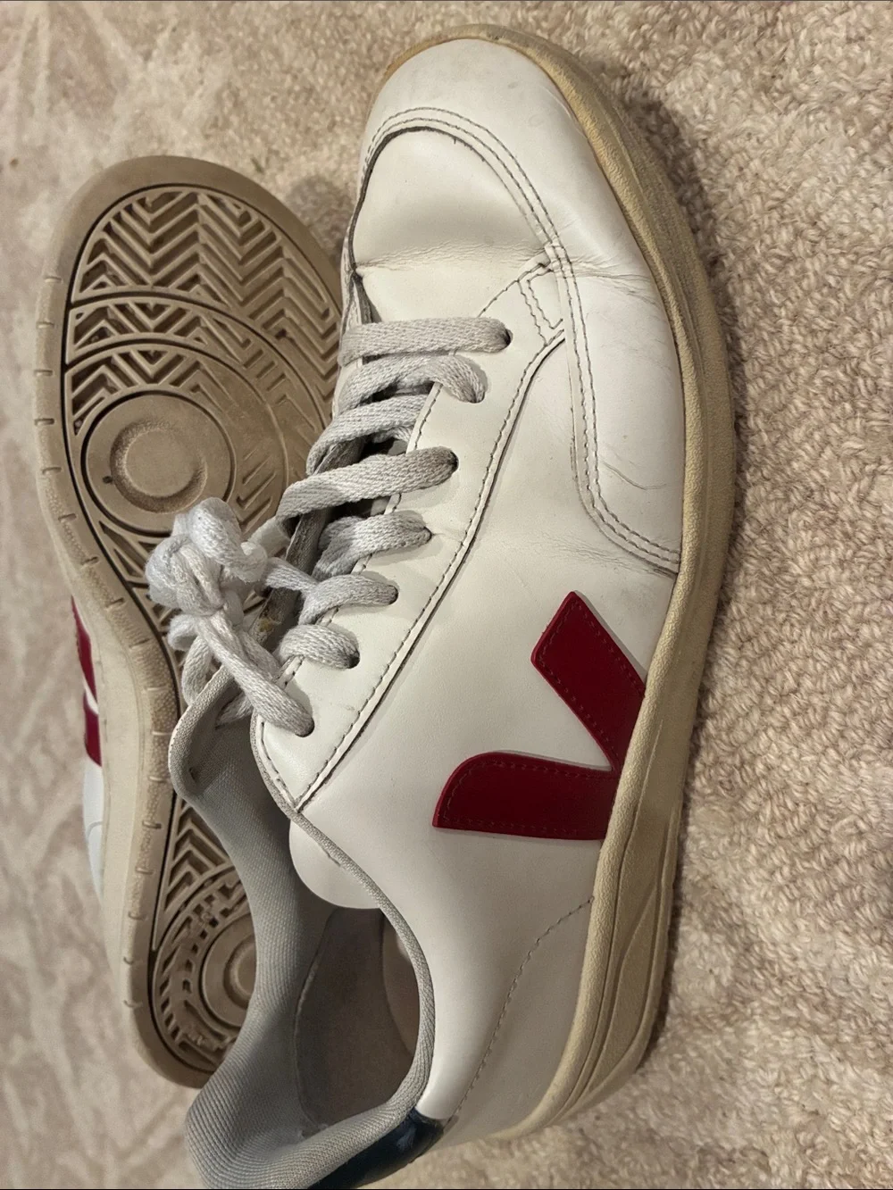 Veja White Leather Sneakers with Red V Detail
