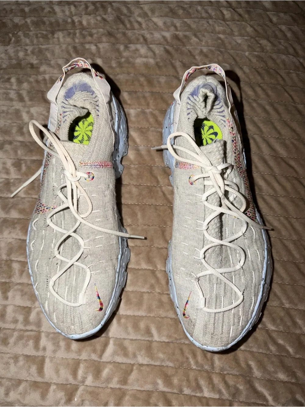 Women's Knit Lace-Up Sneakers in Beige with Multicolor Accents