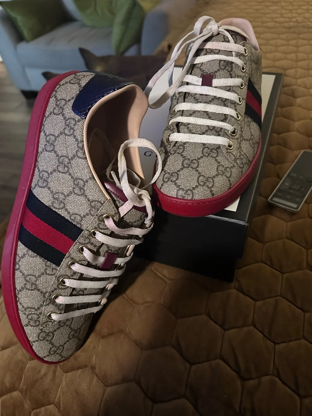 Gucci Beige GG Monogram Sneakers with red Sole and Navy Stripe