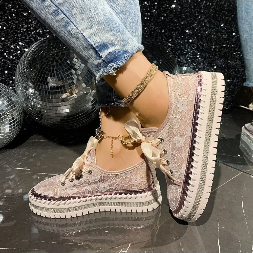 Round Toe Platform Loafers – Chic Lace Mesh & PU Leather Low Heel Slip-Ons