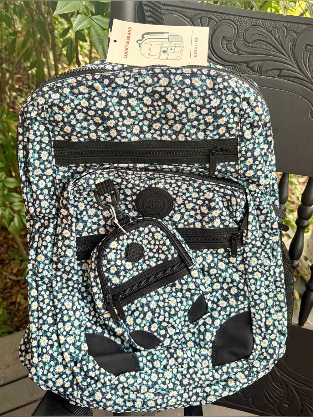 NWT LUCKY BRAND Black and Floral Daisy Backpack with Coin Pouch
