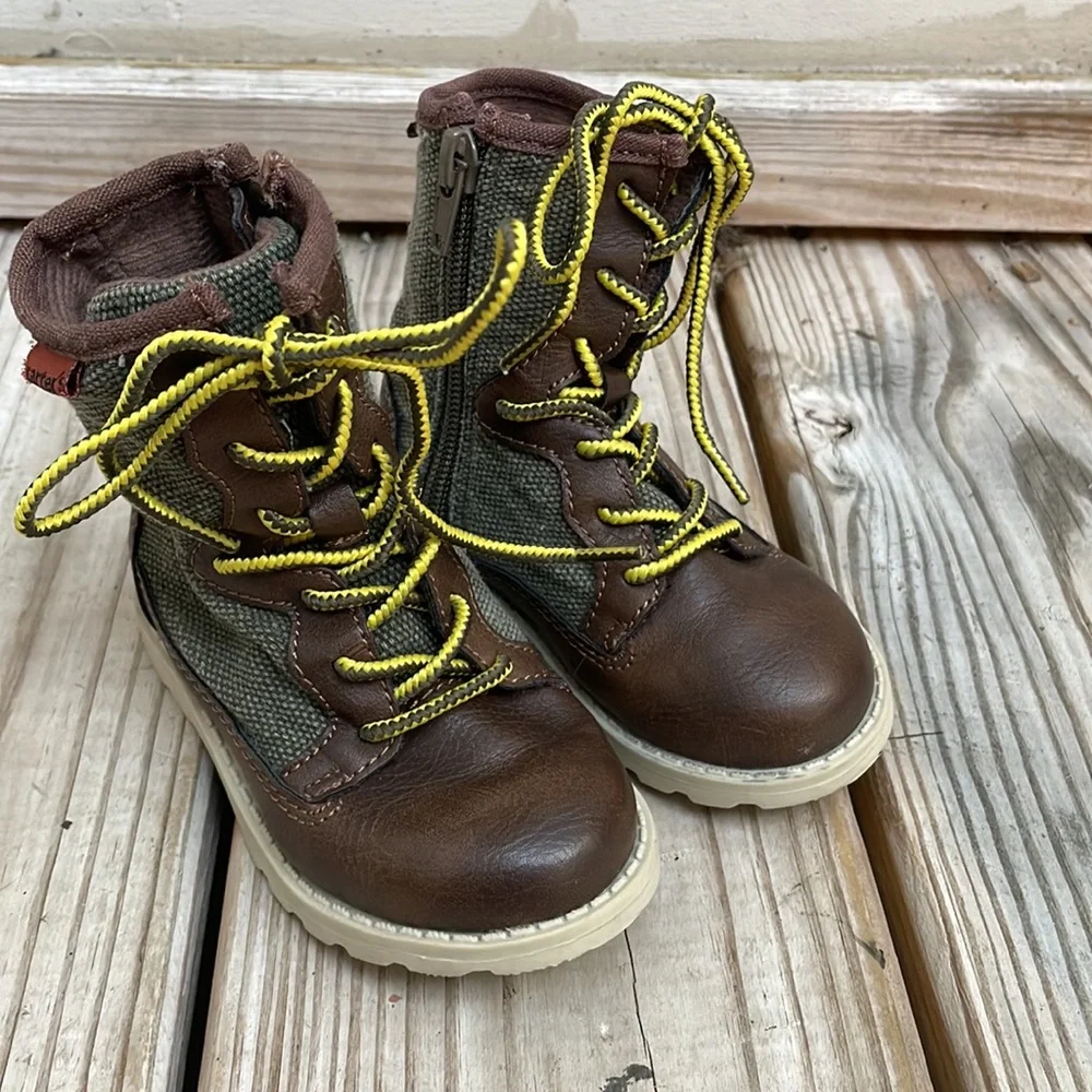 Carter’s Toddler Boys Lace-Up Boots Brown/Olive Size 6 Side Zip EUC