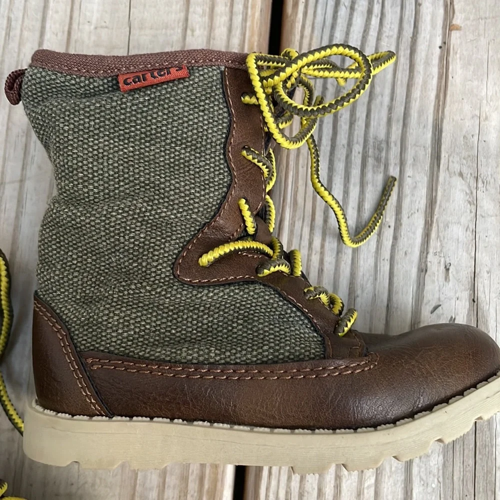 Carter’s Toddler Boys Lace-Up Boots Brown/Olive Size 6 Side Zip EUC