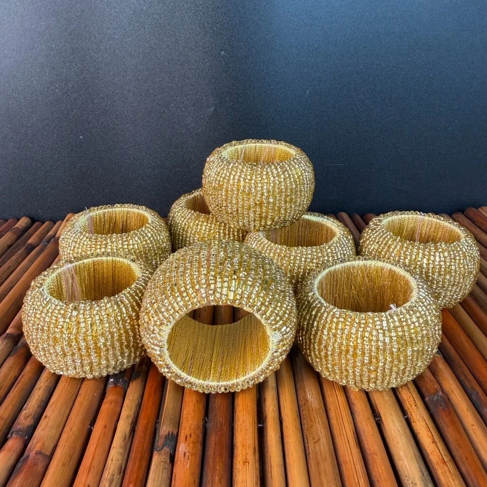 Tahari Home Golden yellow Napkin‎ Rings (set of 8) BEADED All Seasons/Holidays